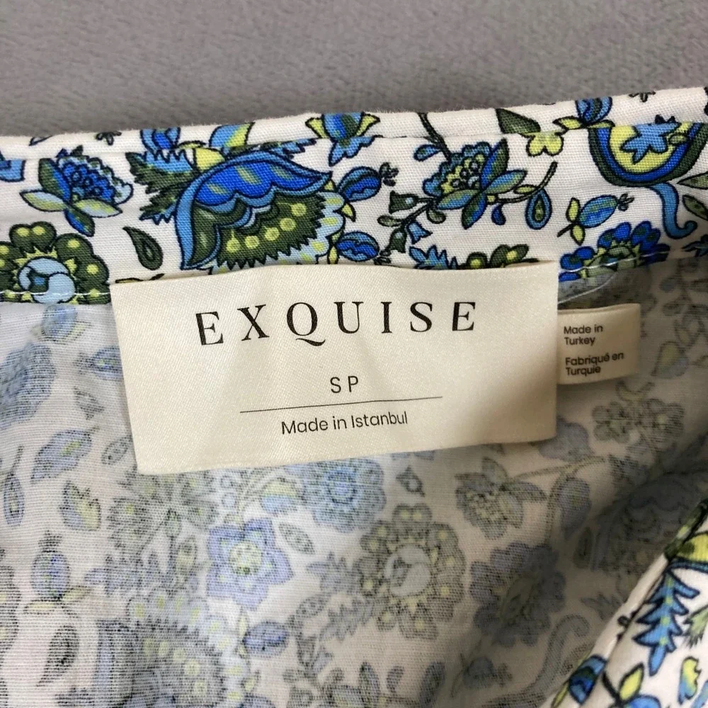 Exquise Janice Dress Blue Green Floral Paisley Button Front Shirt Dress Sz SP - Picture 2 of 9